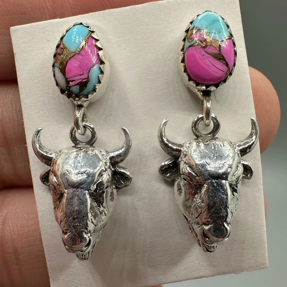 Cotton Candy Turquoise Sterling Silver 925 Bull Cow Dangle Earrings Handmade - Picture 3 of 6